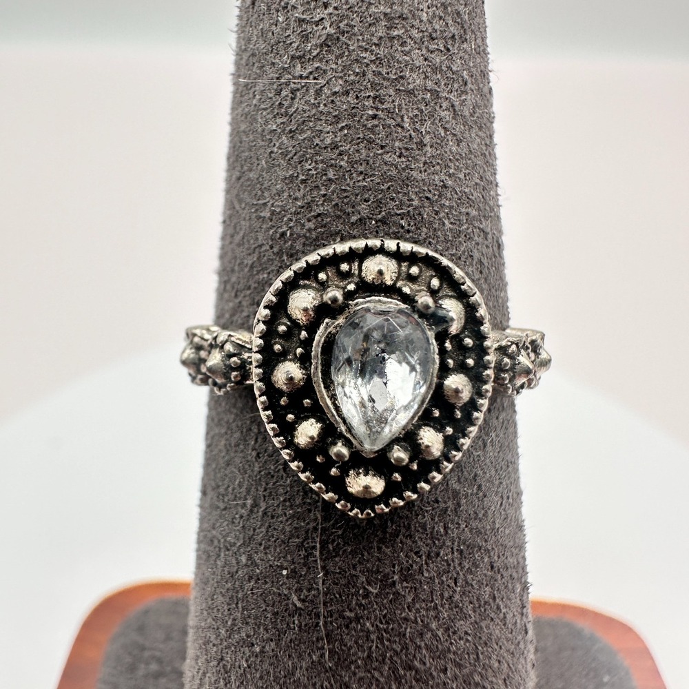 Vintage 90s Silver Tone Clear Rhinestone Teardrop Statement Ring Boho Jewelry